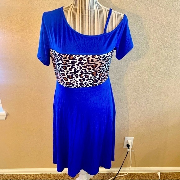 NWT Mini Dress Large Bikatu Royal Blue Animal Panel Asymmetrical Shoulders - Picture 1 of 14